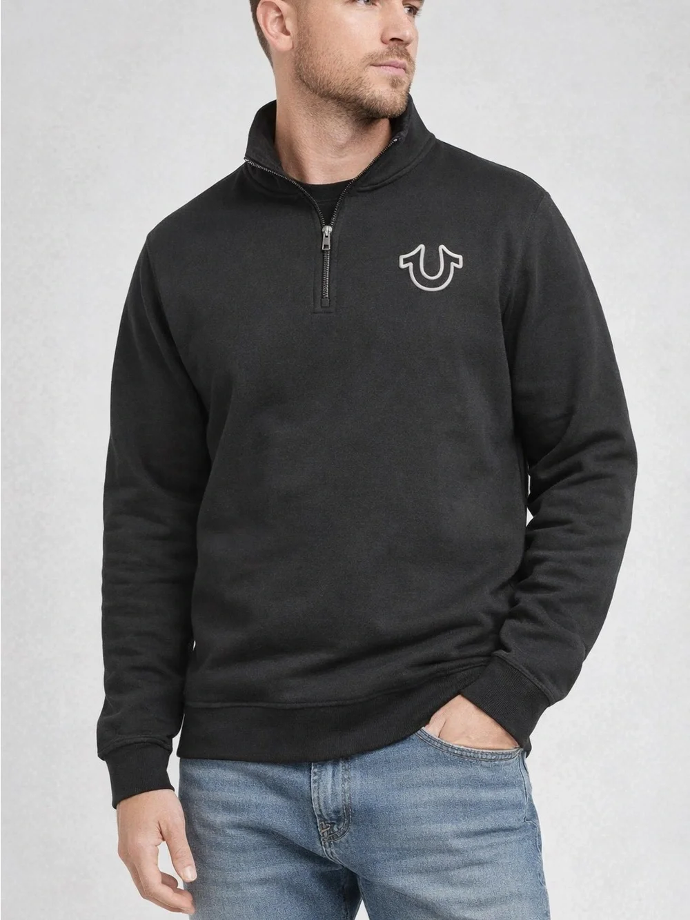True Religion Jet Black Quarter Zip Track Pullover Hoodie Men’s Size Large NWT